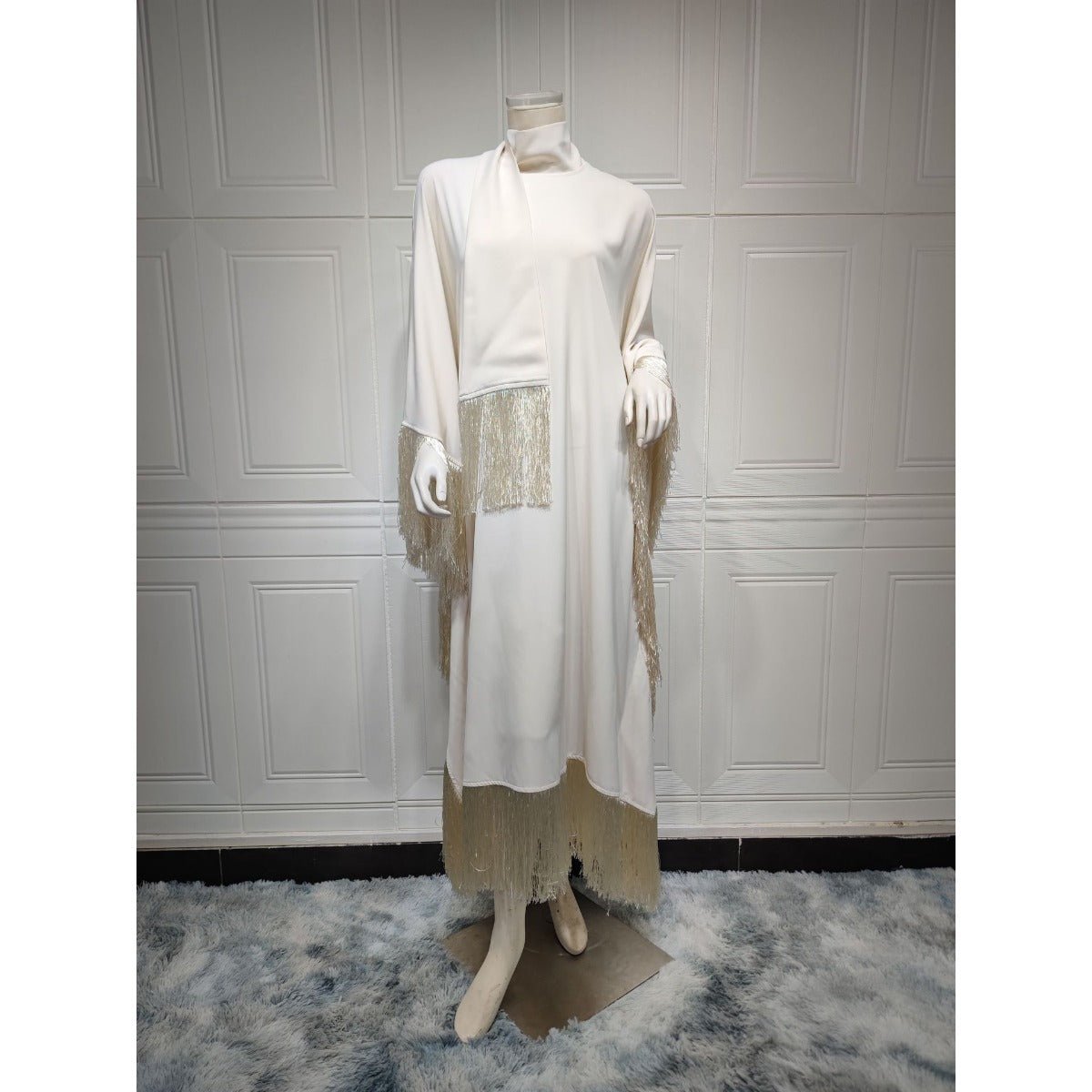 Elegant Bat Sleeve Tassel Kaftan | High Fashion Modest Party Dress with Flowy Fringe Details(MA288) - Mariam's Collection