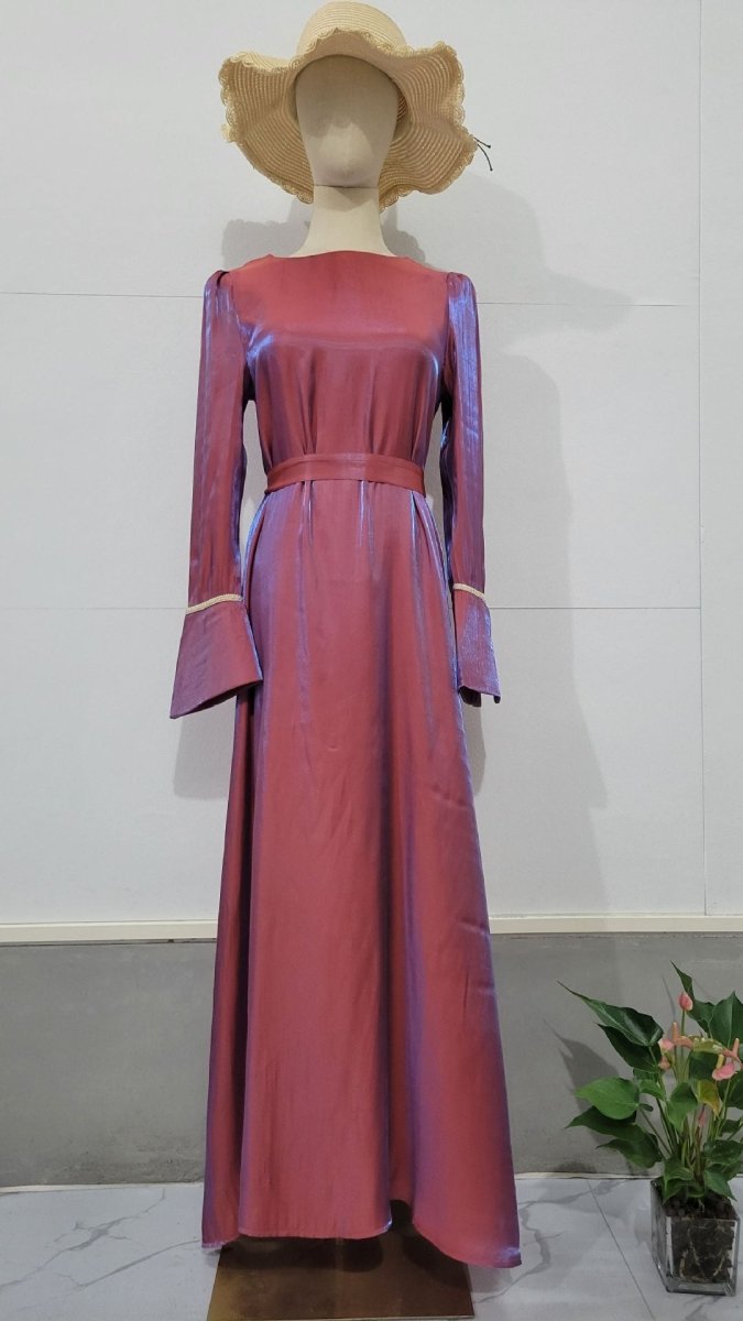 Elegant Burgundy Glitter Satin Long Sleeve Ball Gown with Flared Cuffs. (MA223) - Mariam's Collection