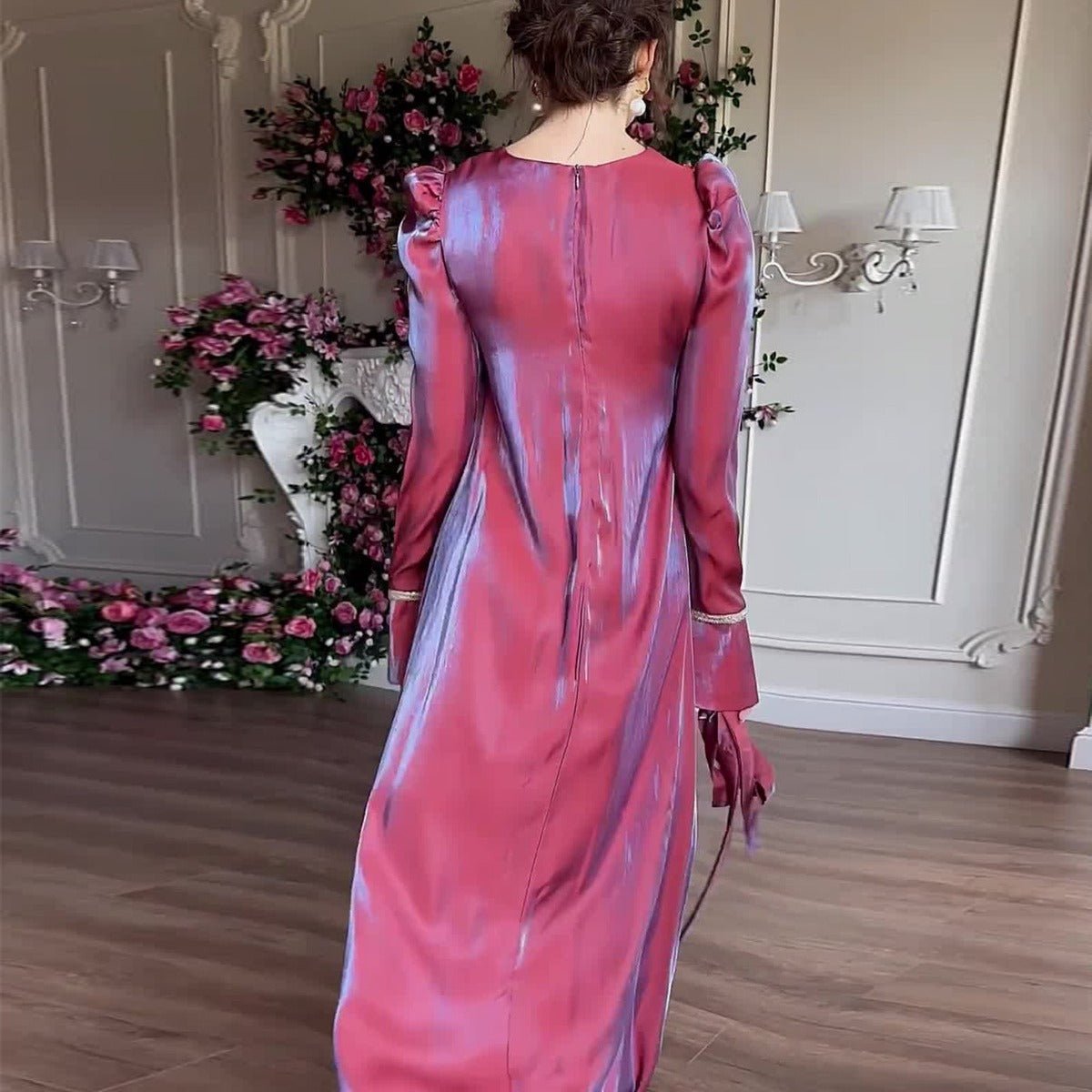 Elegant Burgundy Glitter Satin Long Sleeve Ball Gown with Flared Cuffs. (MA223) - Mariam's Collection