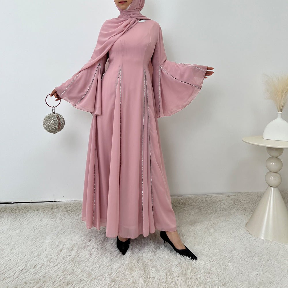 Elegant Chiffon Abaya Set with Hijab | Round Neck Bell Sleeve Maxi Dress with Rhinestone Trim (MA325) - Mariam's Collection