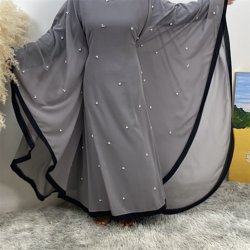 Elegant Chiffon Batwing Sleeve Abaya Pearl - Embellished Loose Muslim Robe with Contrast Trim. (MA183) - Mariam's Collection