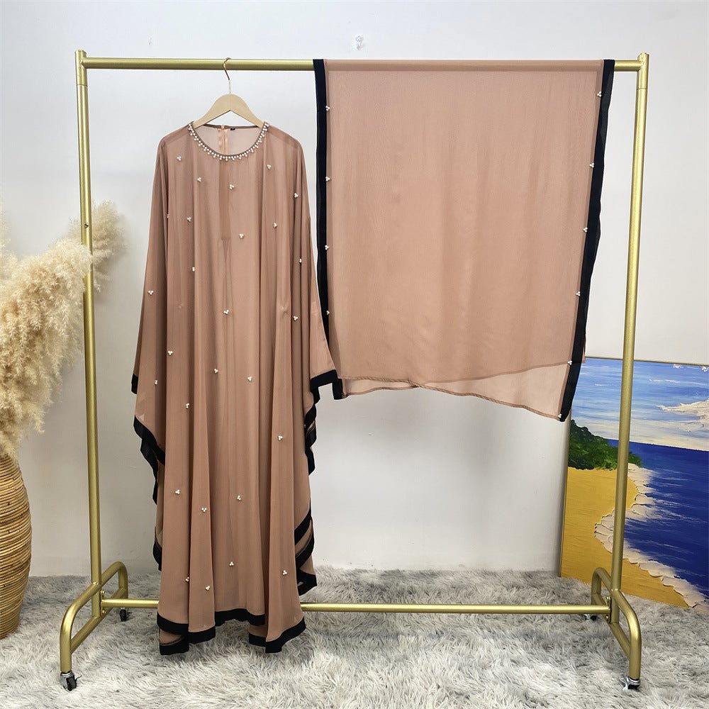 Elegant Chiffon Batwing Sleeve Abaya Pearl - Embellished Loose Muslim Robe with Contrast Trim. (MA183) - Mariam's Collection