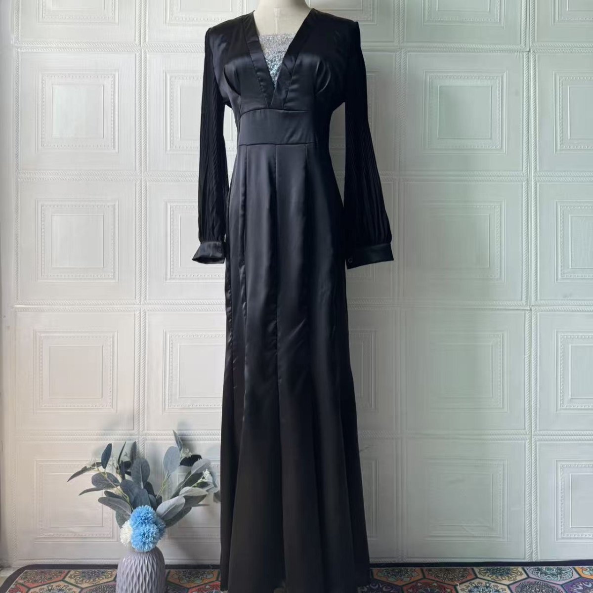 Asymmetric high-low hemline of elegant satin party dress in burgundy wine