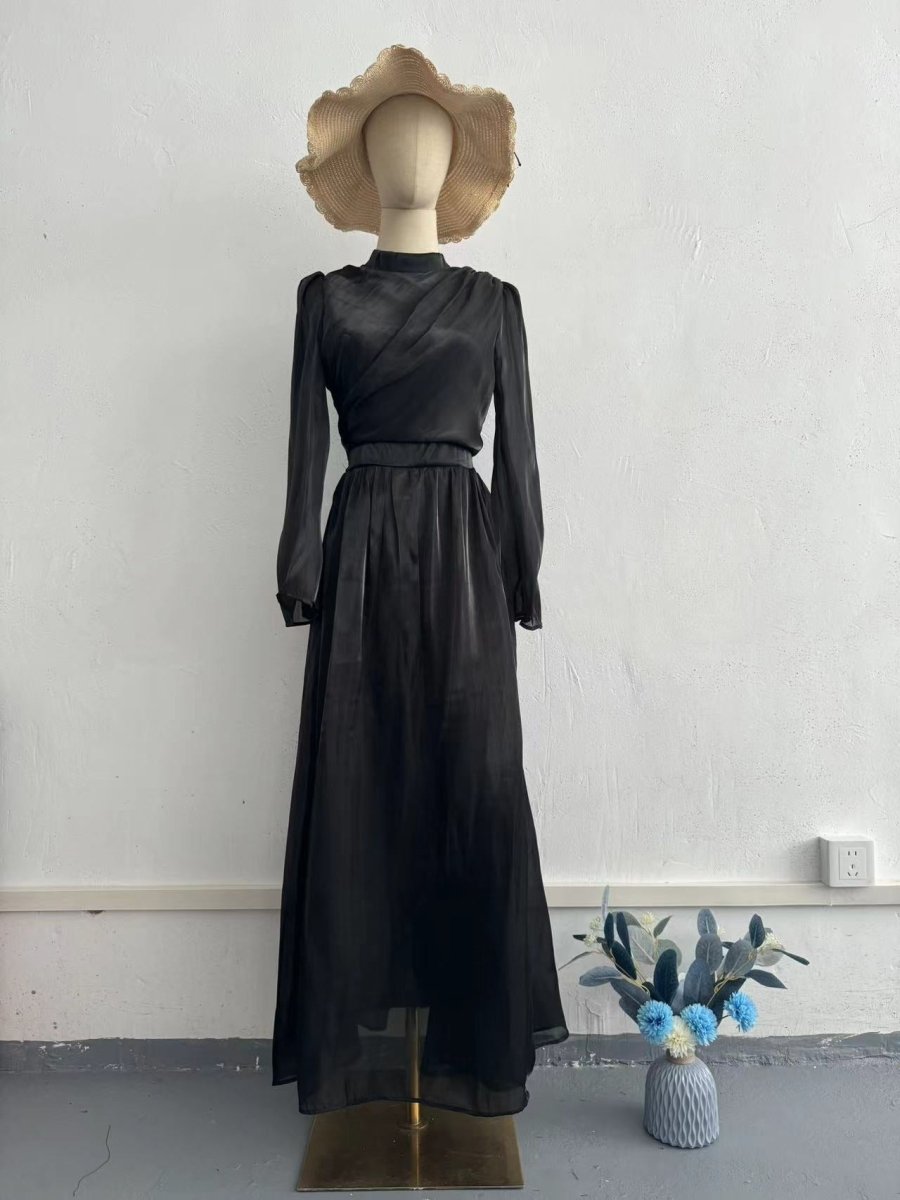 Elegant French Waist Pleated Half - Turtleneck Flared Sleeve Dresses Abaya Wedding Guest Gown. (MA199) - Mariam's Collection