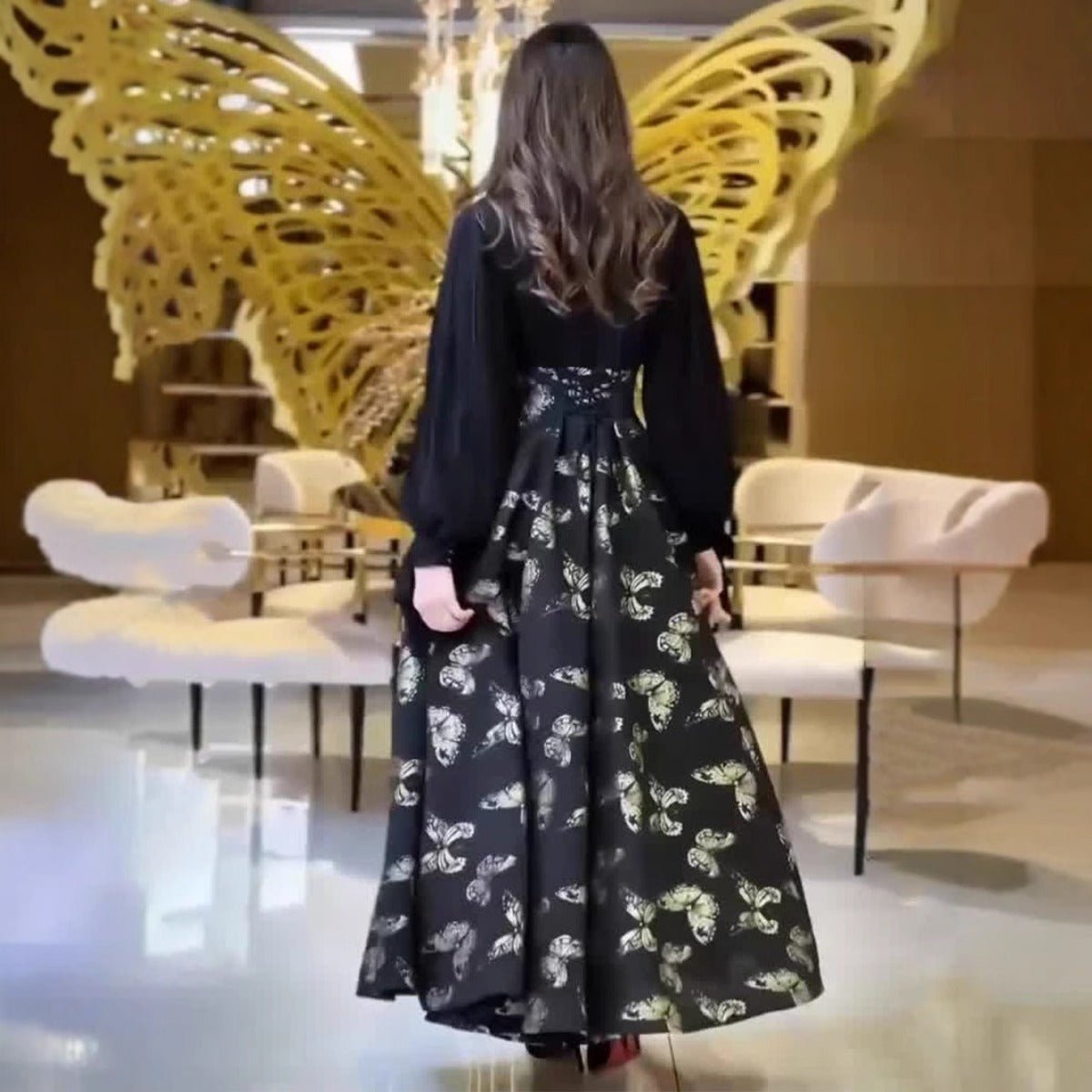 Elegant Long Sleeve Romantic Butterfly Pattern Gilded Long Dress Maxi Dress Gown Abaya. (MA219) - Mariam's Collection