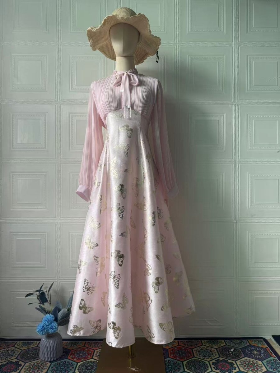 Elegant Long Sleeve Romantic Butterfly Pattern Gilded Long Dress Maxi Dress Gown Abaya. (MA219) - Mariam's Collection