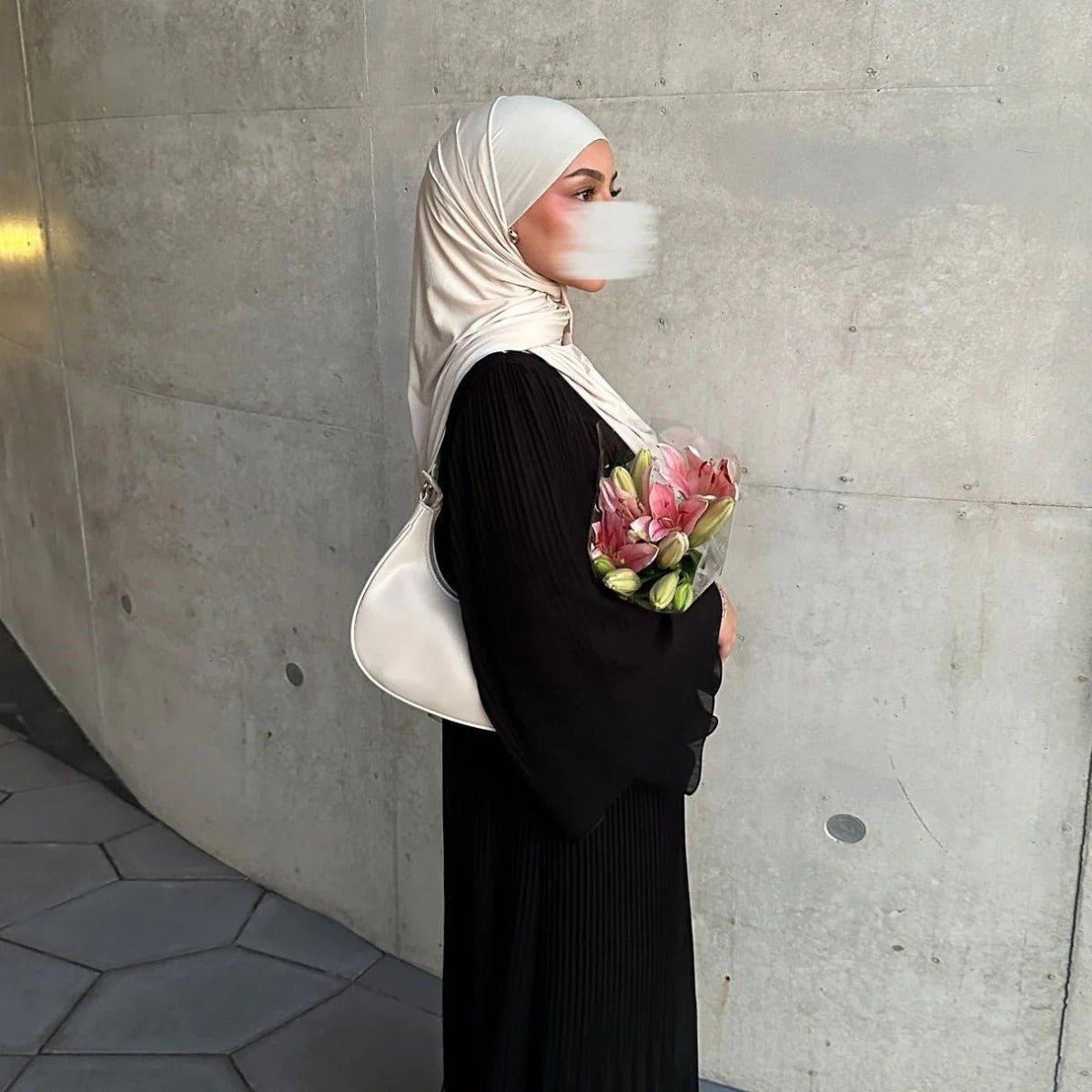 Elegant Muslim Women's Pleated Chiffon Pullover Robe Dress Modest Solid Color Abaya with Flared Sleeves. (MA176) - Mariam's Collection