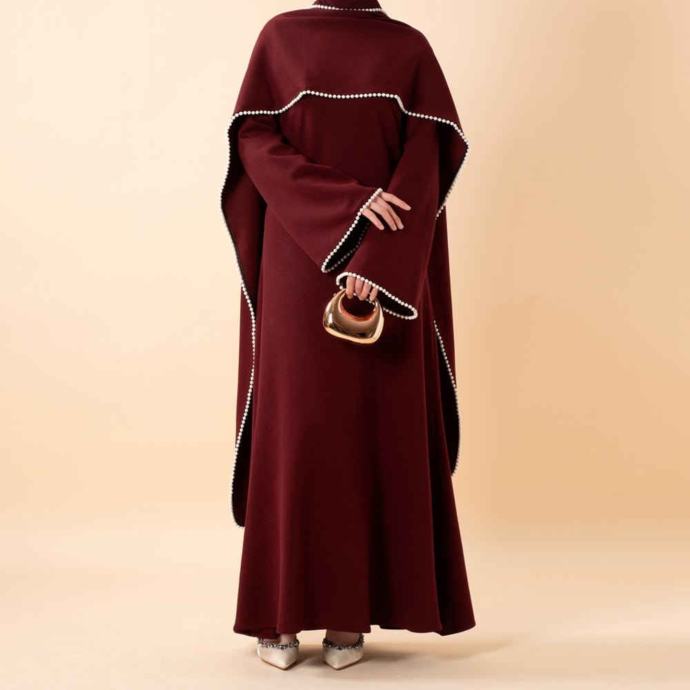 Elegant Pearl Embellished Cape Sleeve Evening Dress(MA337) - Mariam's Collection