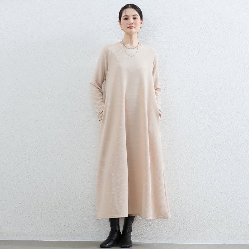 Elegant Round Neck A - Line Maxi Dress - Solid Color Modest Abaya with Pockets(MA310) - Mariam's Collection