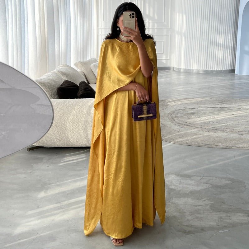 Elegant Royal Satin Abaya Dress | Modest Cape Sleeve Maxi Robe with Luxurious Draping(MA289) - Mariam's Collection