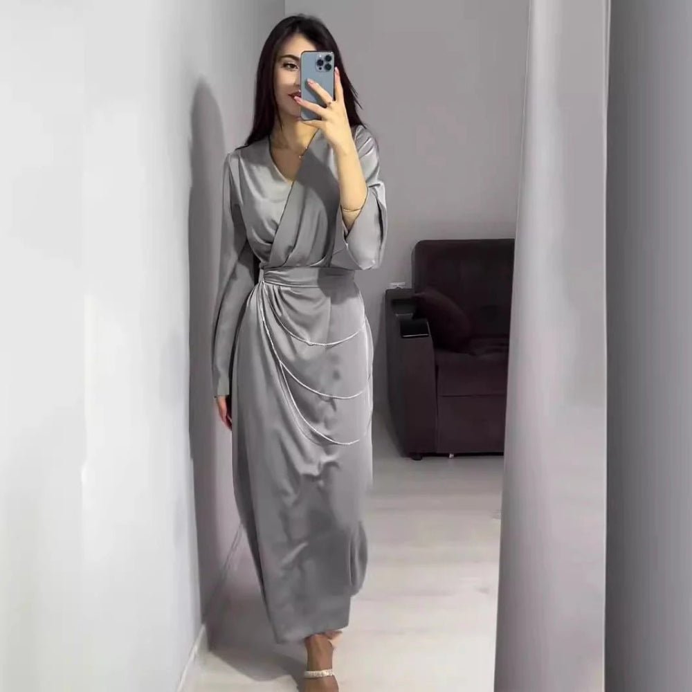 Elegant Satin Maxi Dress Abaya with Waist Chains V - Neck Long Sleeve Solid Color Dresses(MA204) - Mariam's Collection