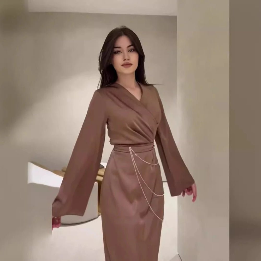 Elegant Satin Maxi Dress Abaya with Waist Chains V - Neck Long Sleeve Solid Color Dresses(MA204) - Mariam's Collection