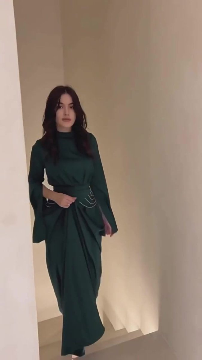 Elegant Semi - Turtleneck Long Sleeve Spring Court - Style Satin Dress Abaya. (MA194) - Mariam's Collection