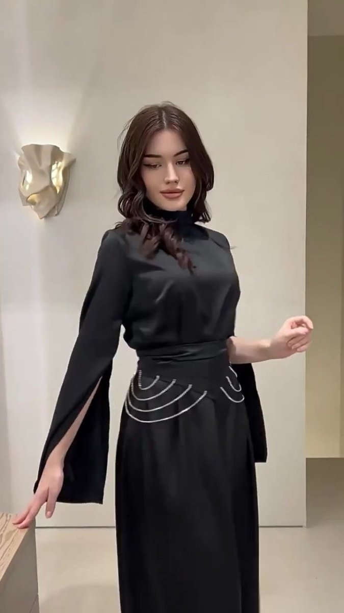 Elegant Semi - Turtleneck Long Sleeve Spring Court - Style Satin Dress Abaya. (MA194) - Mariam's Collection