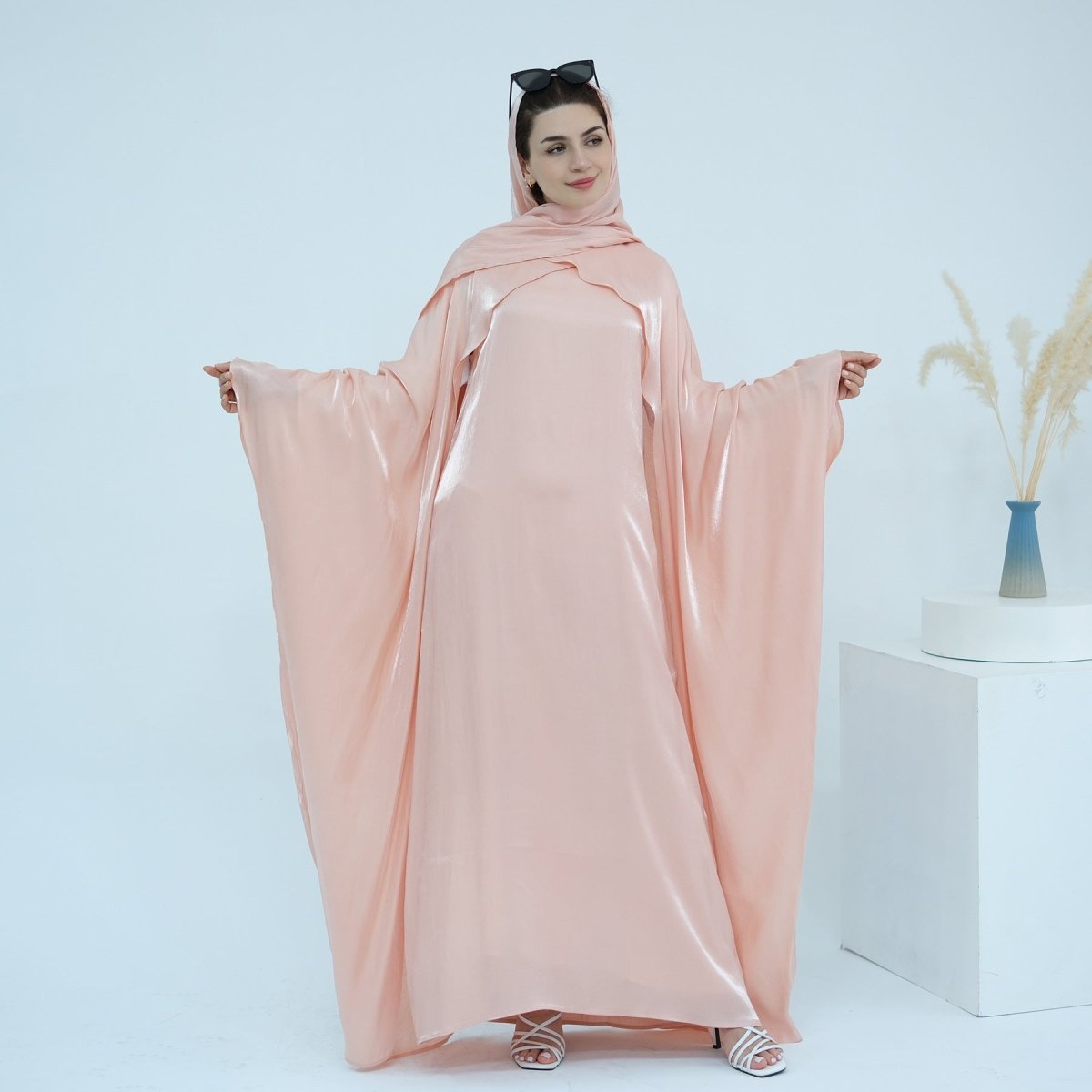 Elegant Shimmer Batwing Abaya Set with Hijab | Two - Piece Pullover Style Layered Look(MA315) - Mariam's Collection