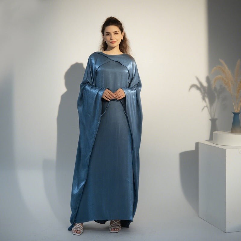 Elegant Shimmer Batwing Abaya Set with Hijab | Two - Piece Pullover Style Layered Look(MA315) - Mariam's Collection