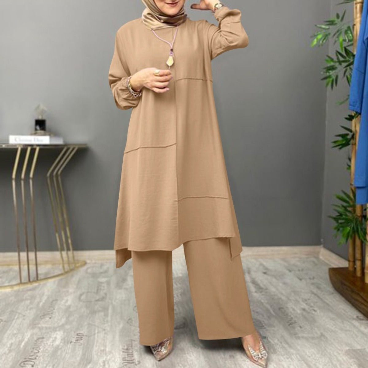 Elegant Sportswear Two - Piece Set | Modest Muslim Athleisure Bubble Sleeve Top & Wide Leg Pants. (MS101) - Mariam's Collection