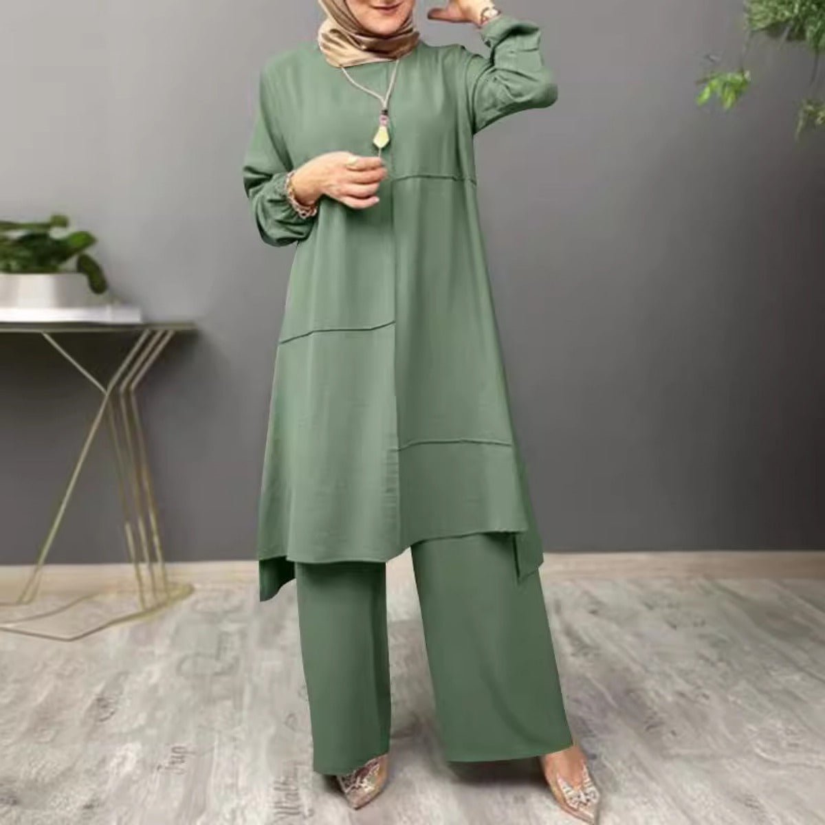 Elegant Sportswear Two - Piece Set | Modest Muslim Athleisure Bubble Sleeve Top & Wide Leg Pants. (MS101) - Mariam's Collection