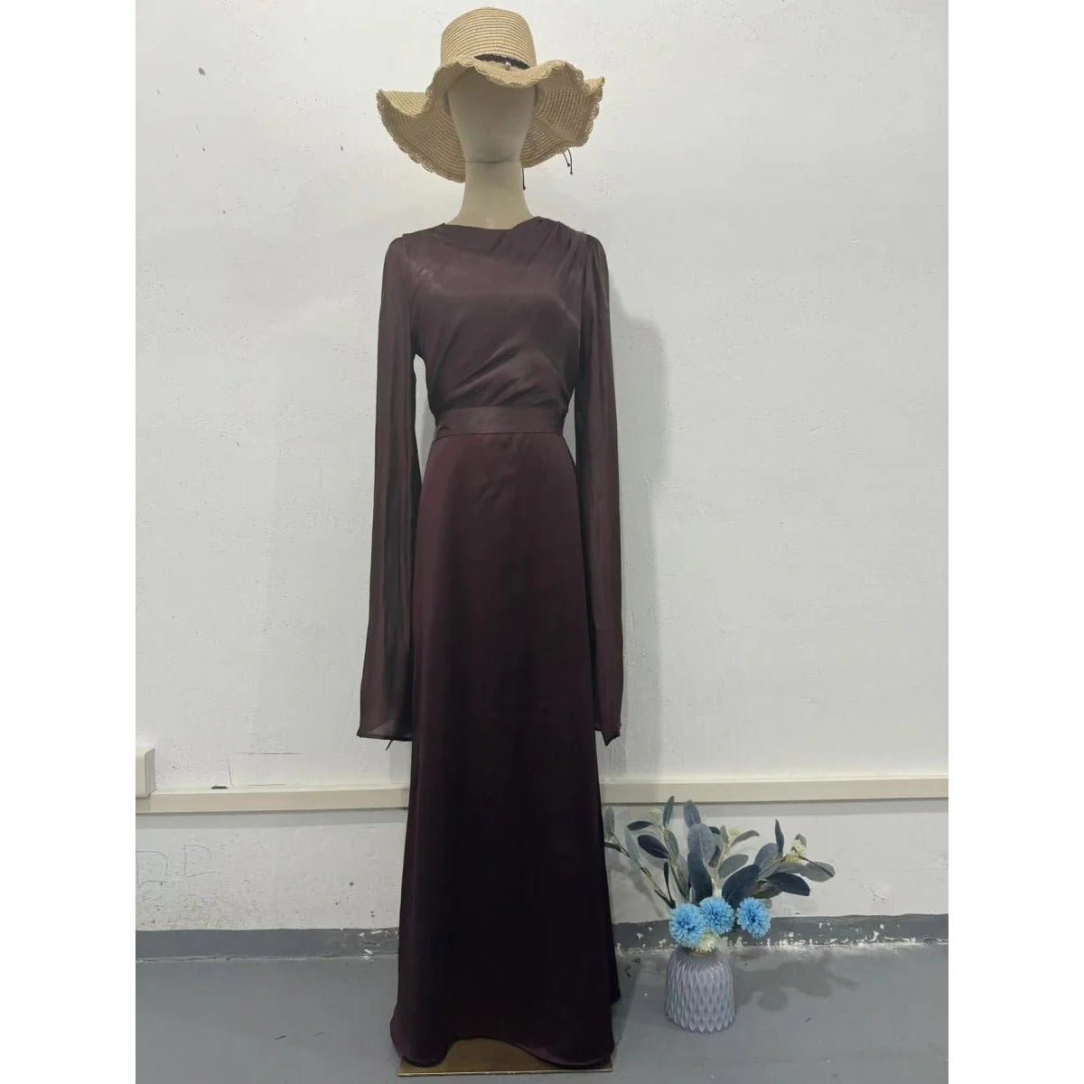 Elegant Summer Satin Slim Dress with Glass Yarn Pendulum Sleeves (MA161) - Mariam's Collection