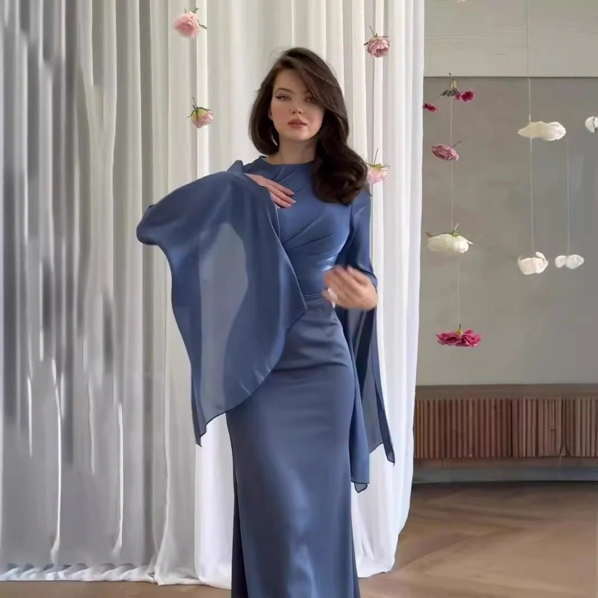 Elegant Summer Satin Slim Dress with Glass Yarn Pendulum Sleeves (MA161) - Mariam's Collection