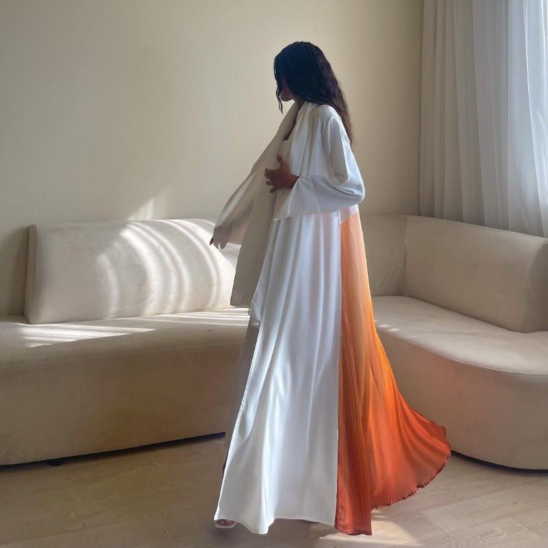 Elegant V - Neck Gradient Pleated Abaya Robe | Modest Muslim Chiffon Cardigan Maxi Dress(MOA223) - Mariam's Collection
