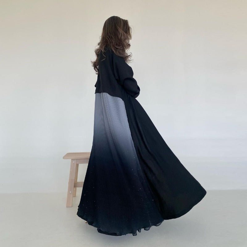 Elegant V - Neck Gradient Pleated Abaya Robe | Modest Muslim Chiffon Cardigan Maxi Dress(MOA223) - Mariam's Collection