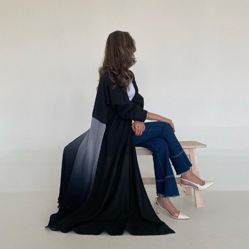 Elegant V - Neck Gradient Pleated Abaya Robe | Modest Muslim Chiffon Cardigan Maxi Dress(MOA223) - Mariam's Collection