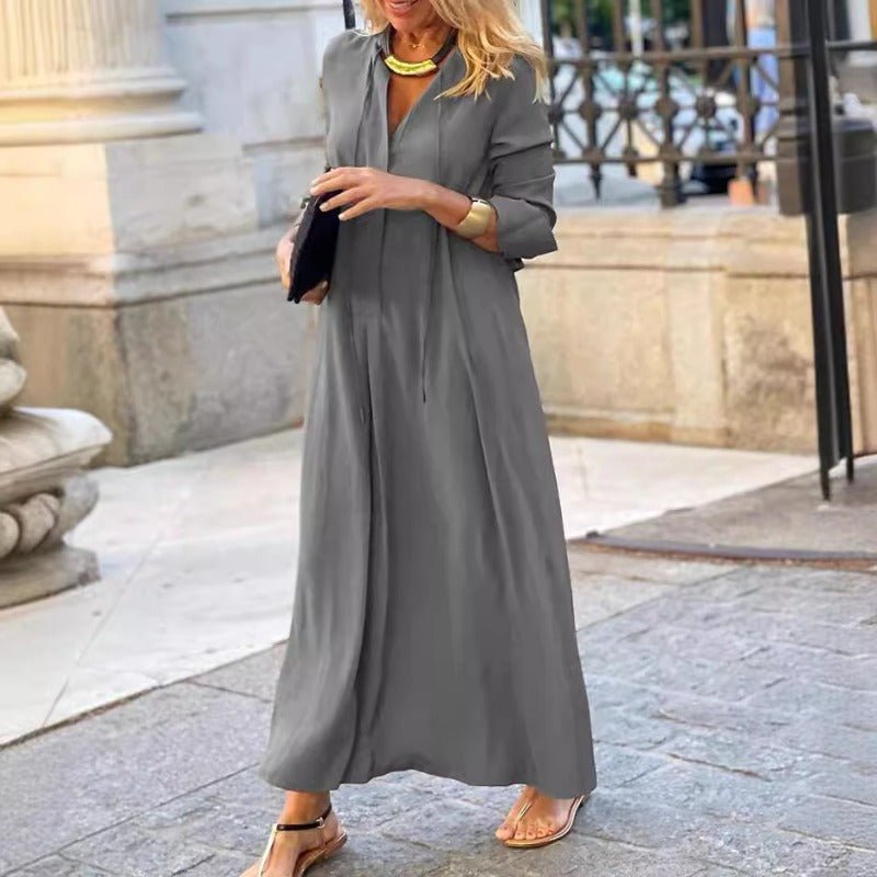 Elegant V - Neck Maxi Dress with Drawstring Design | Contemporary Modest Wear (MS121) - Mariam's Collection