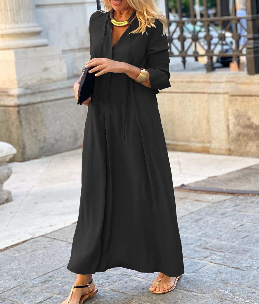 Elegant V - Neck Maxi Dress with Drawstring Design | Contemporary Modest Wear (MS121) - Mariam's Collection
