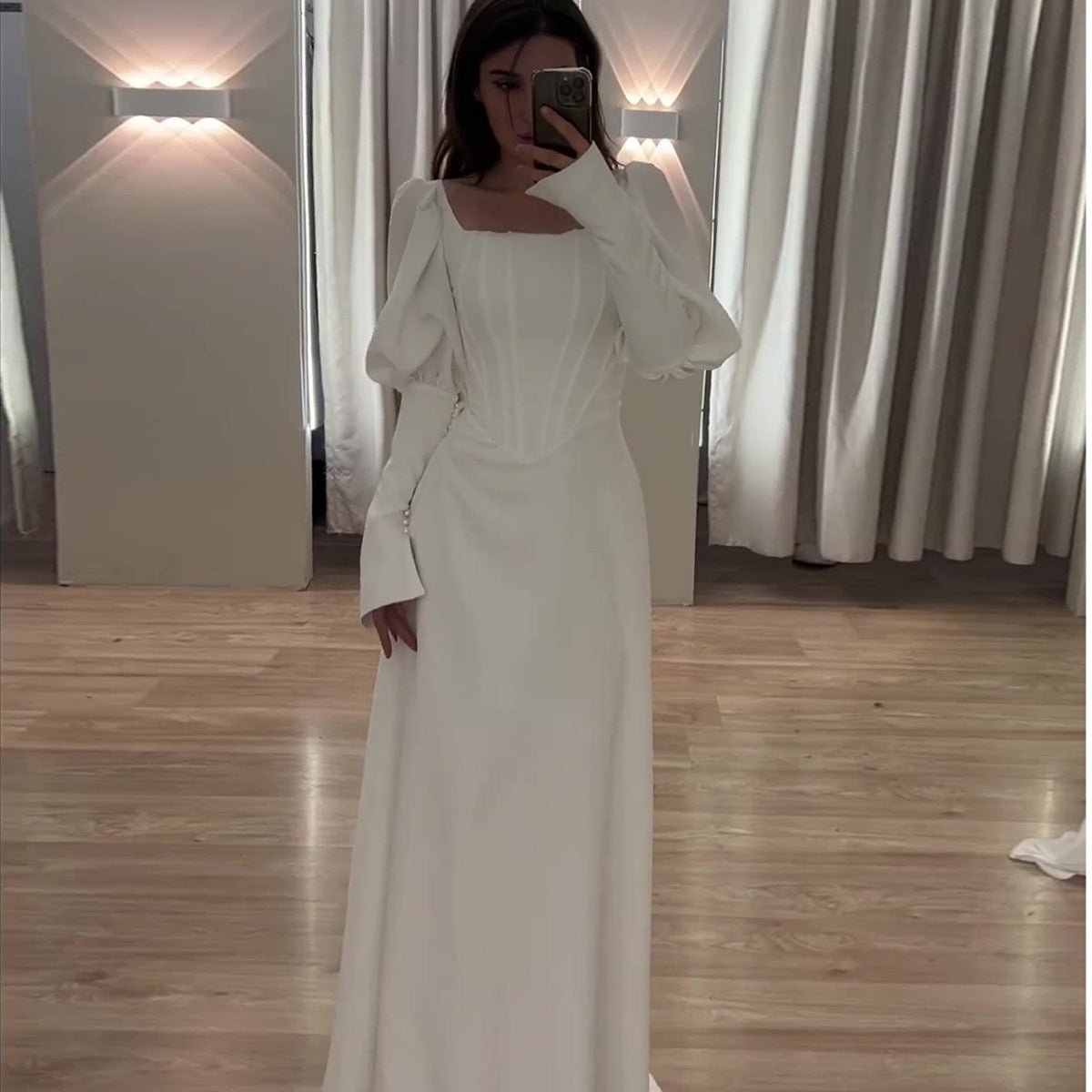 Elegant White Square Neck Long Sleeve Bubble Sleeve Modest Dress Abaya . (MA228) - Mariam's Collection