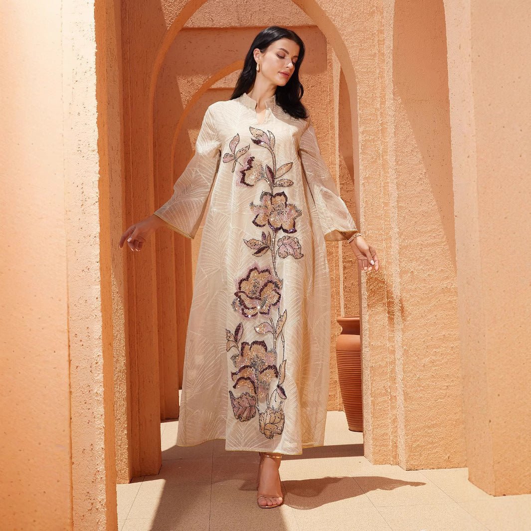 Embroidered Organza Abaya with Sequin Appliqués | Collared Floral Gown
