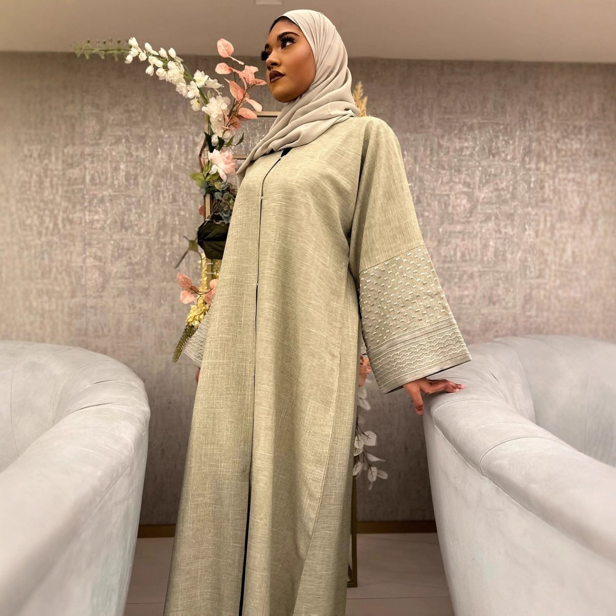 Embroidered Sleeve Abaya | Textured Open-Front Cardigan with Bell Sleeves