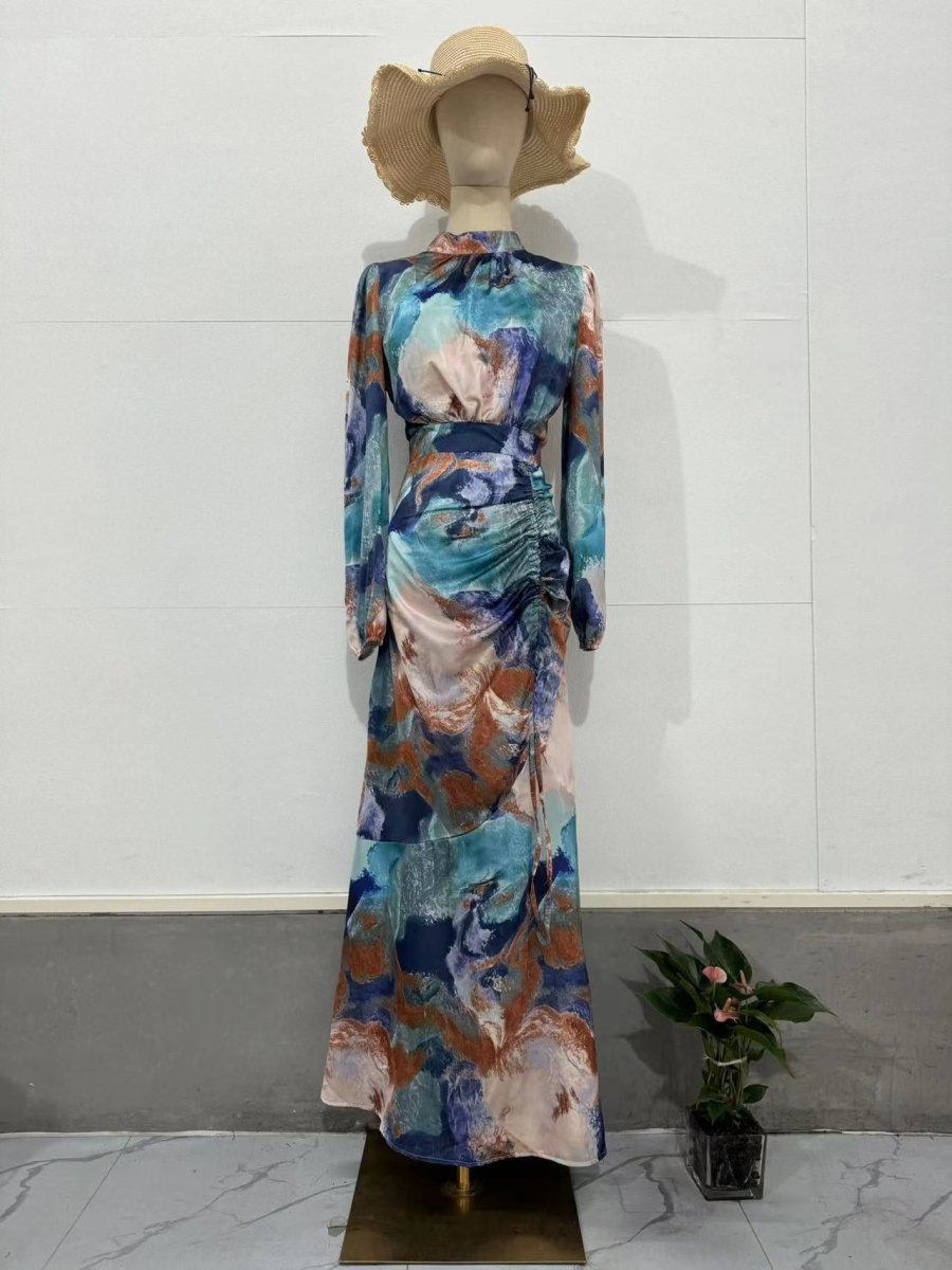 Exotic Print Pleated Bell Sleeve Abaya. (MA166) - Mariam's Collection