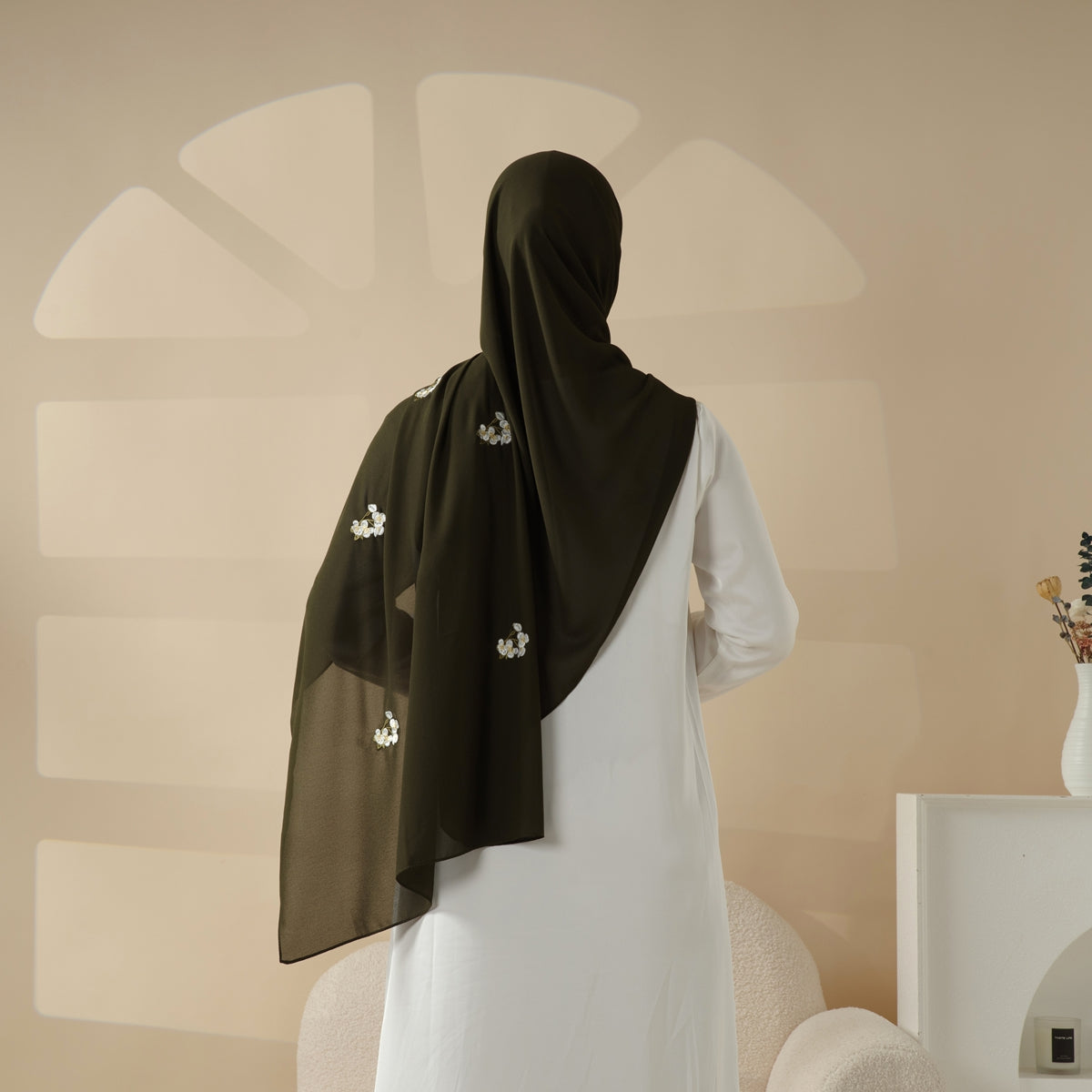 Plain Chiffon Shawl Hijab With Embroidery, Extra - Fine Embroidered Hijab (MH077) - Mariam's Collection