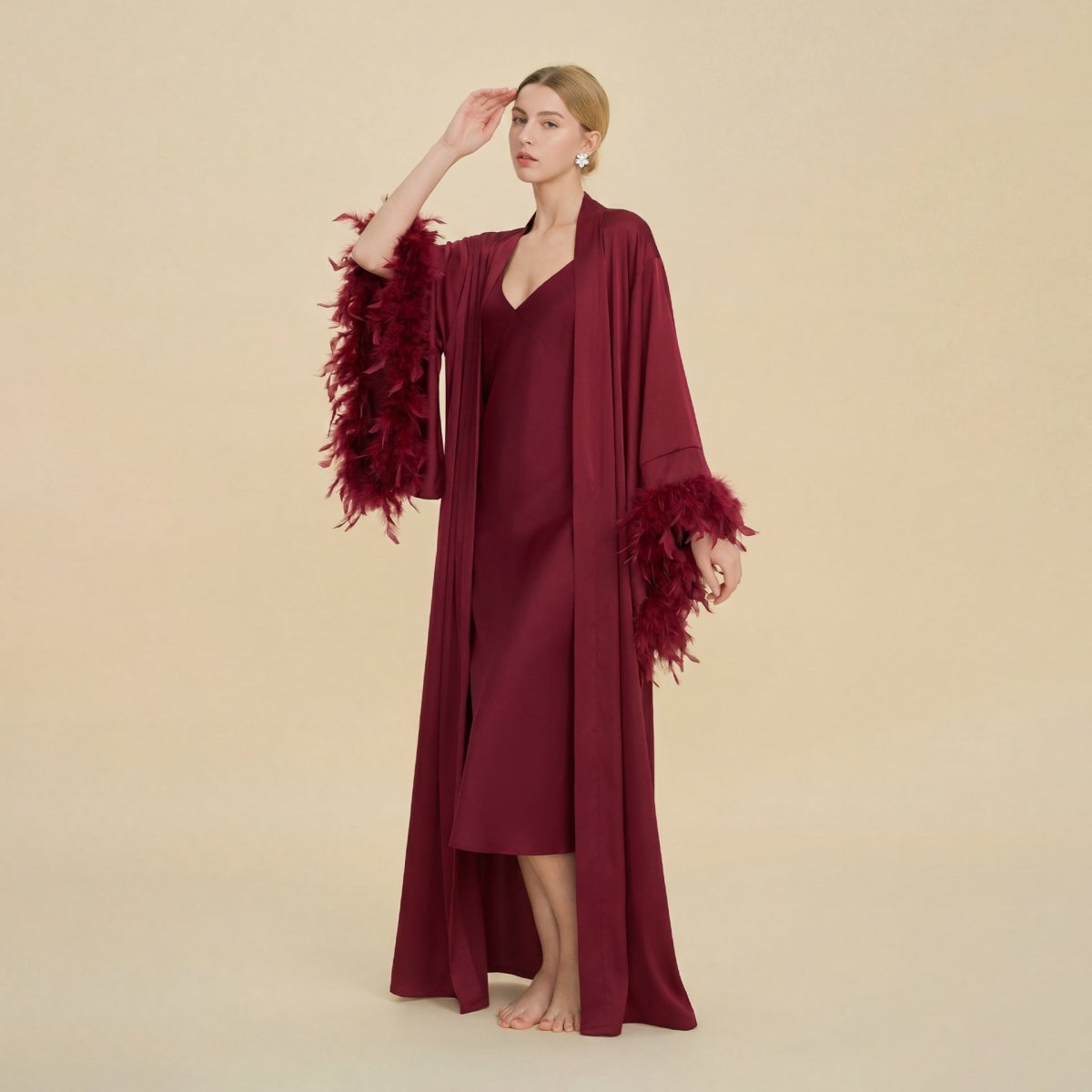 Feather-Trimmed Kimono Robe Abaya — Luxury Kimono Open Abaya
