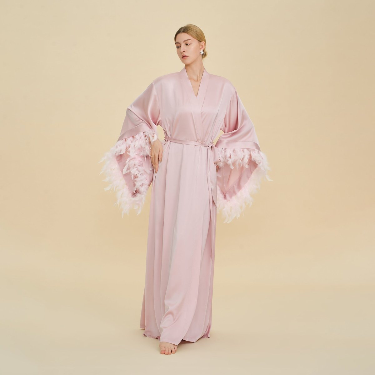 Feather-Trimmed Kimono Robe Abaya — Luxury Kimono Open Abaya