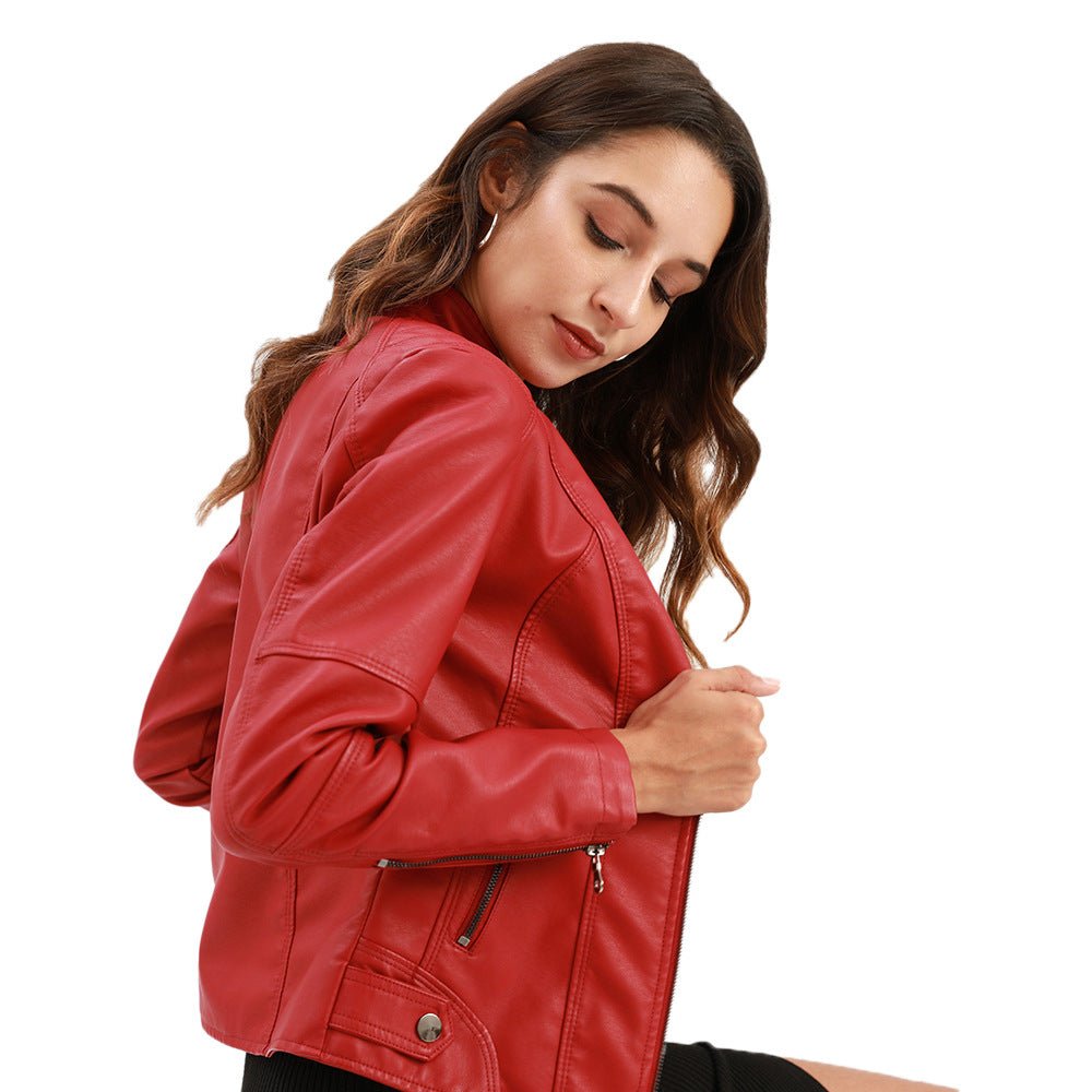 Fitted Moto Jacket | Stand Collar Faux Leather Biker Jacket(MS246) - Mariam's Collection