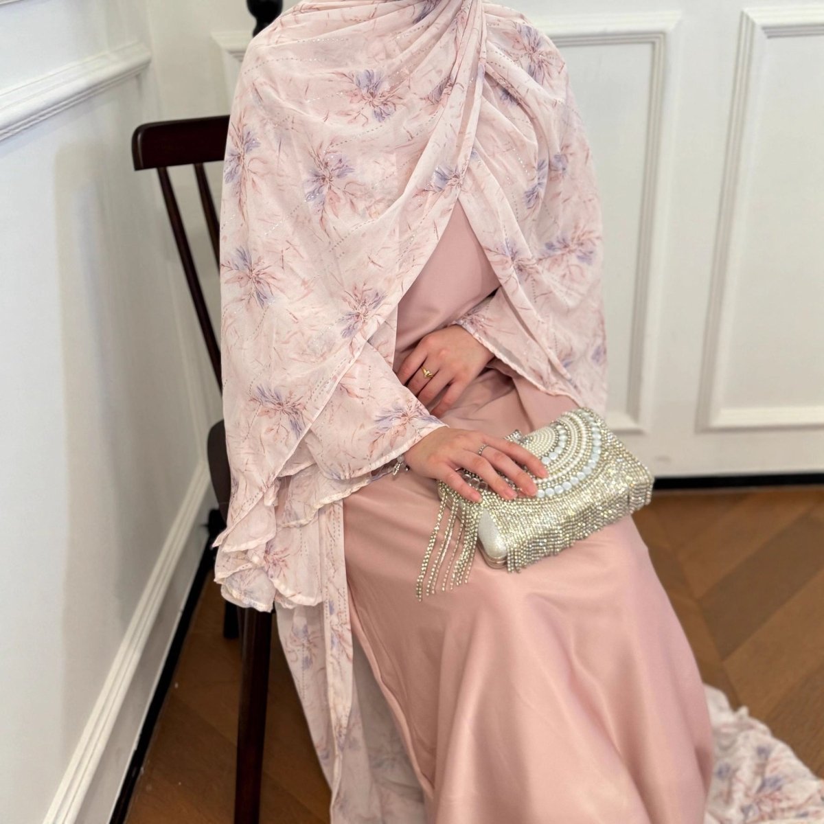 Matching chiffon hijab and satin inner dress from the 3-piece floral abaya set