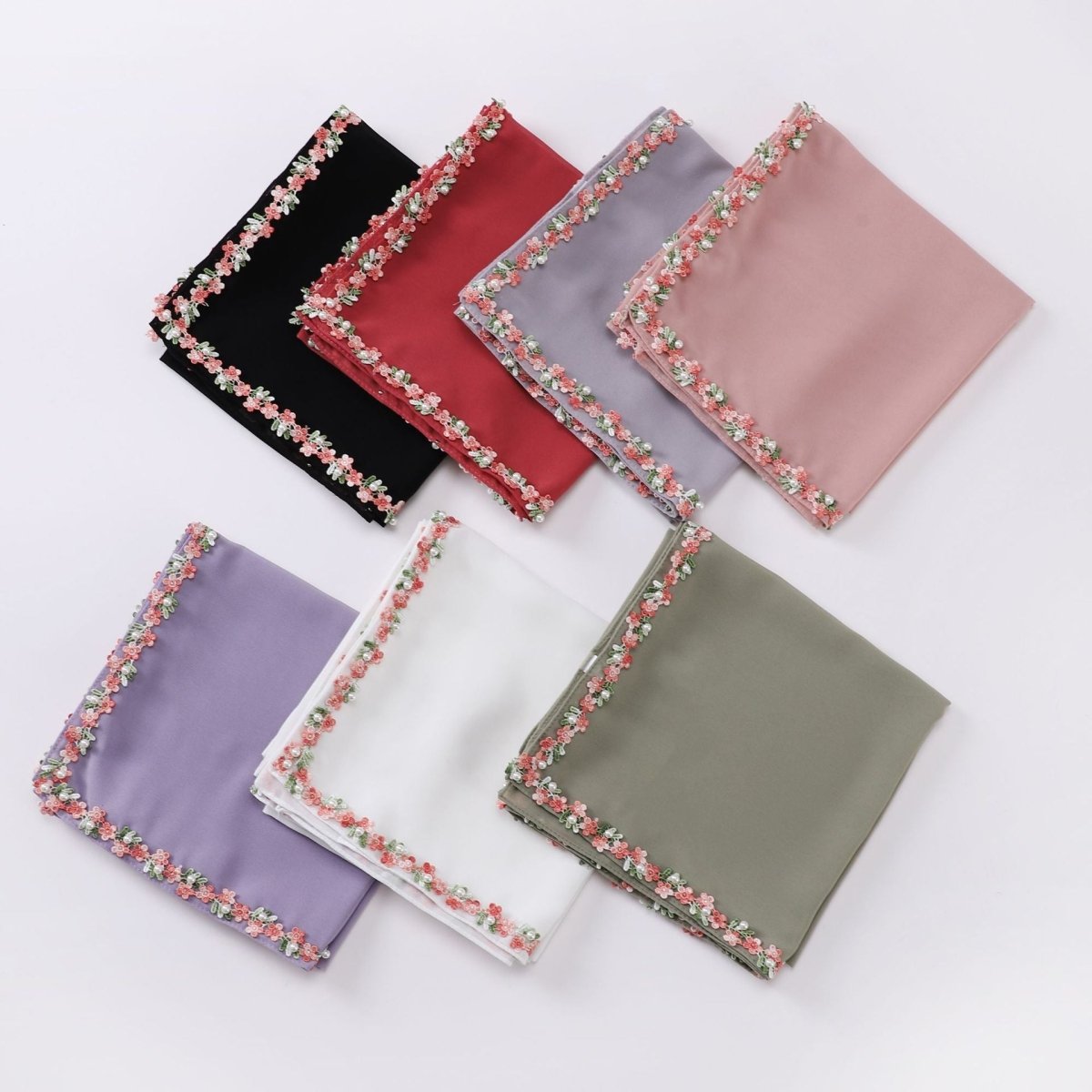 Floral Embellished Chiffon Hijab Scarf — Pearl Trim Modest Headscarf
