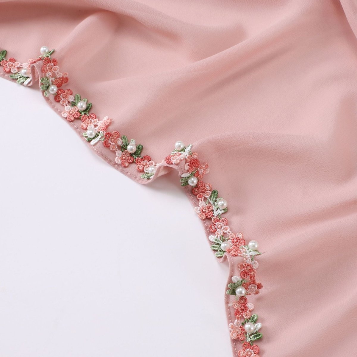 Floral Embellished Chiffon Hijab Scarf — Pearl Trim Modest Headscarf