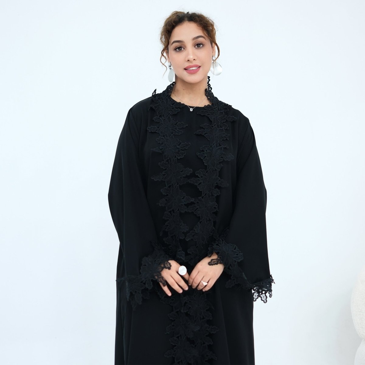 Batwing sleeve drape on floral lace open abaya cardigan