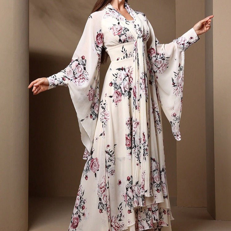 Full-length back view of floral chiffon kimono dress showing double-tiered ruffle hem