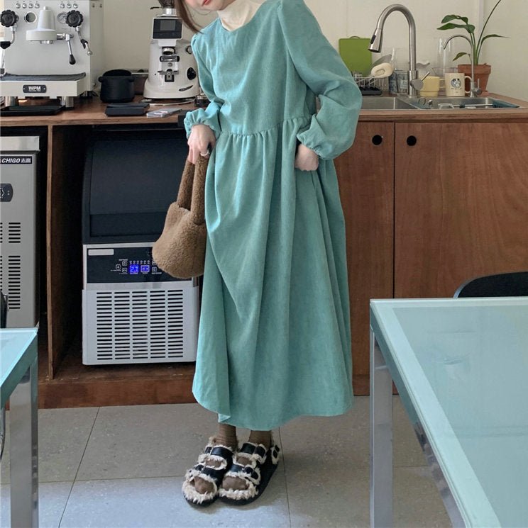 French Corduroy Lantern Sleeve Maxi Dress | Elastic Cuff Gathered Dress(MS206) - Mariam's Collection