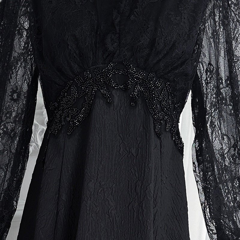 Beaded embroidered bodice embellishments on lace formal maxi dress