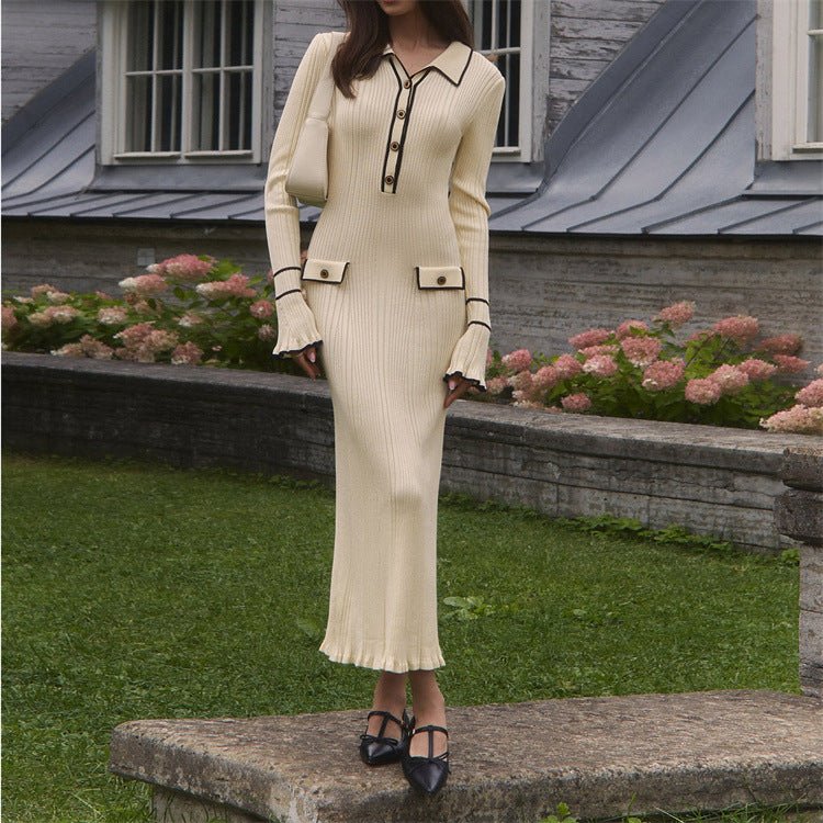 French Luxury Ruffle Trim Knit Dress | Collared Midi Sweater Dress(MS199) - Mariam's Collection