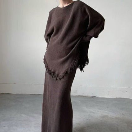 Fringed Knit Set With Batwing Sleeve Sweater And Midi Skirt