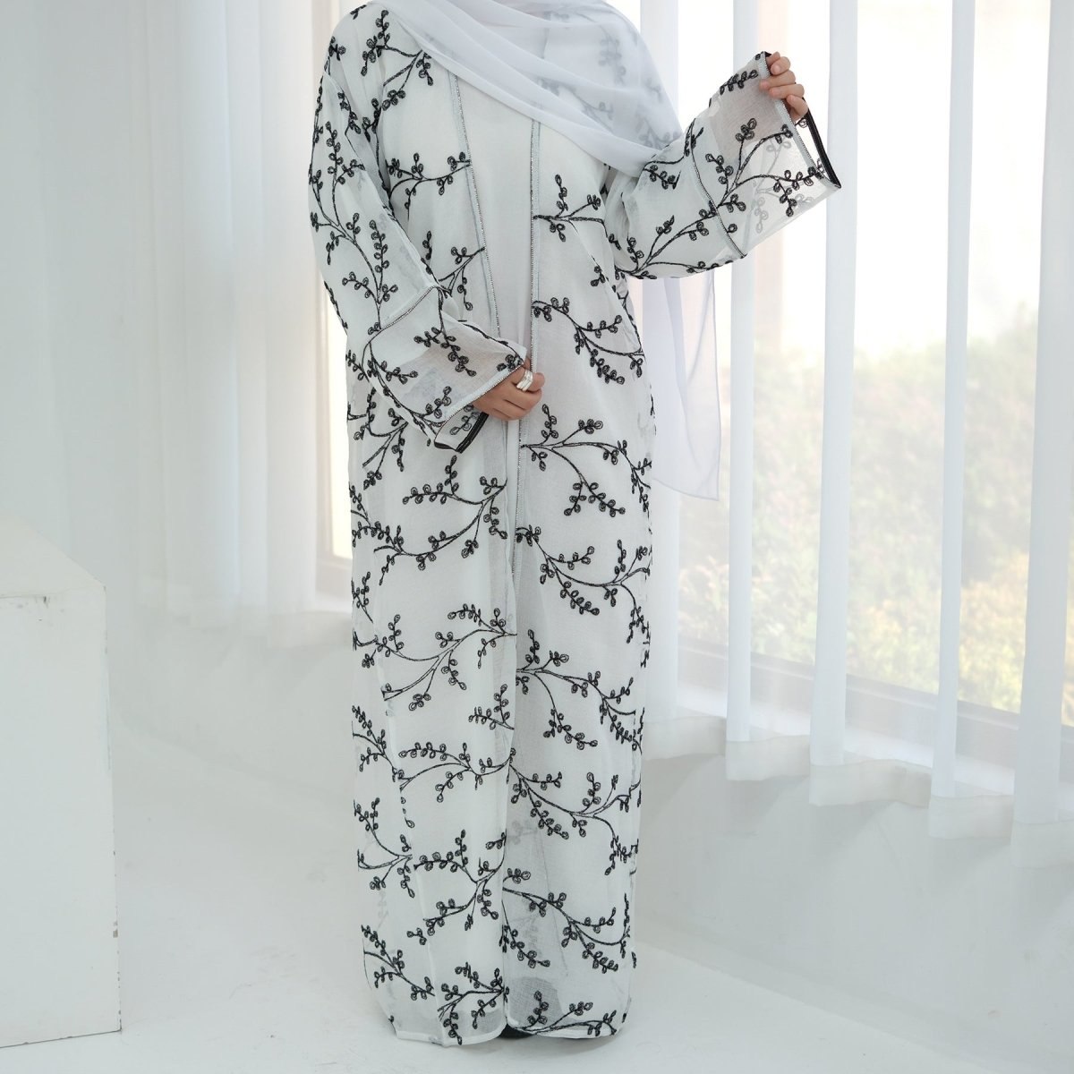 Fully Embroidered Abaya Set | Crystal Trim Vine Pattern Cardigan & Dress