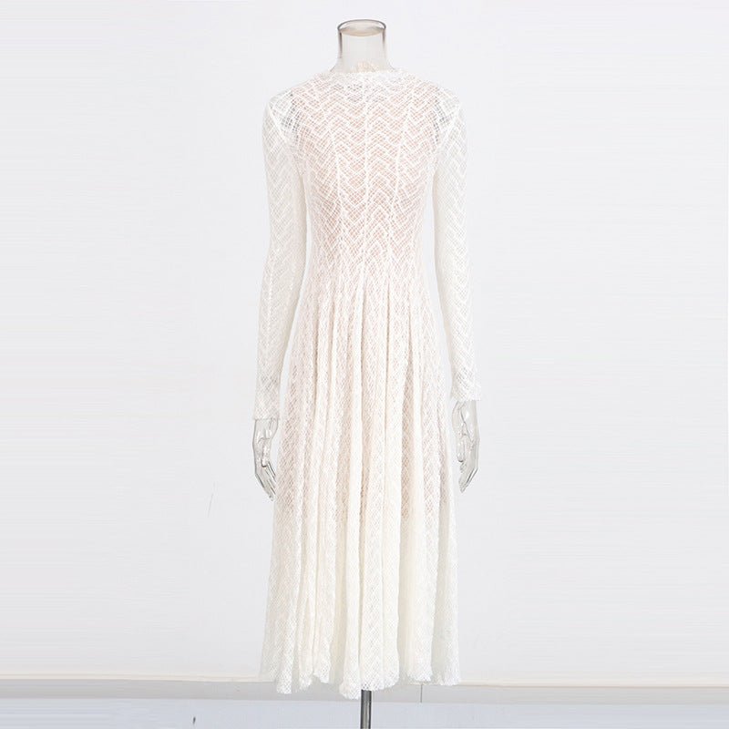 Geometric Lace Mock Neck Maxi Dress — Fitted Lace Modest Evening Dress