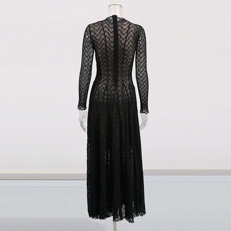 Geometric lace modest gown with floor-length elegant silhouette