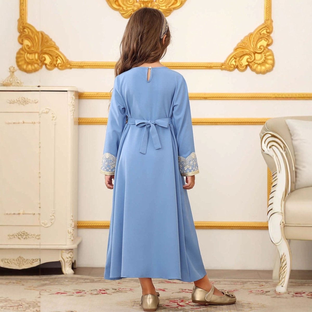 Girls Lace Trim Kaftan Dress | Elegant Kids Formal Abaya(MKG018) - Mariam's Collection